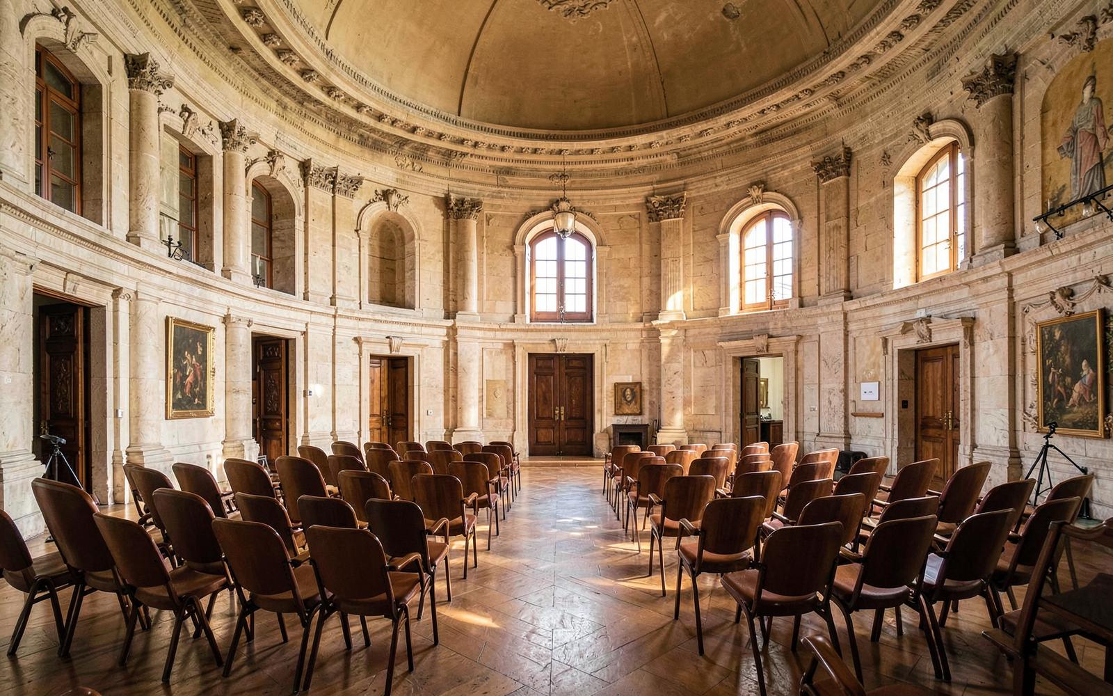 Salle de conférence patrimoniale préparée pour une rencontre professionnelle