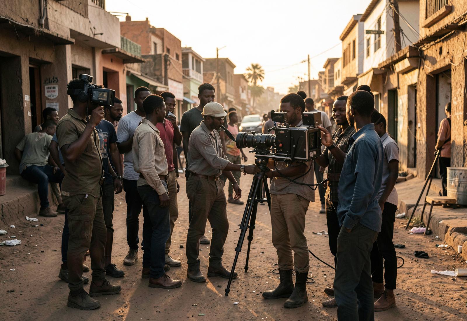 Équipe de tournage au travail dans une rue africaine